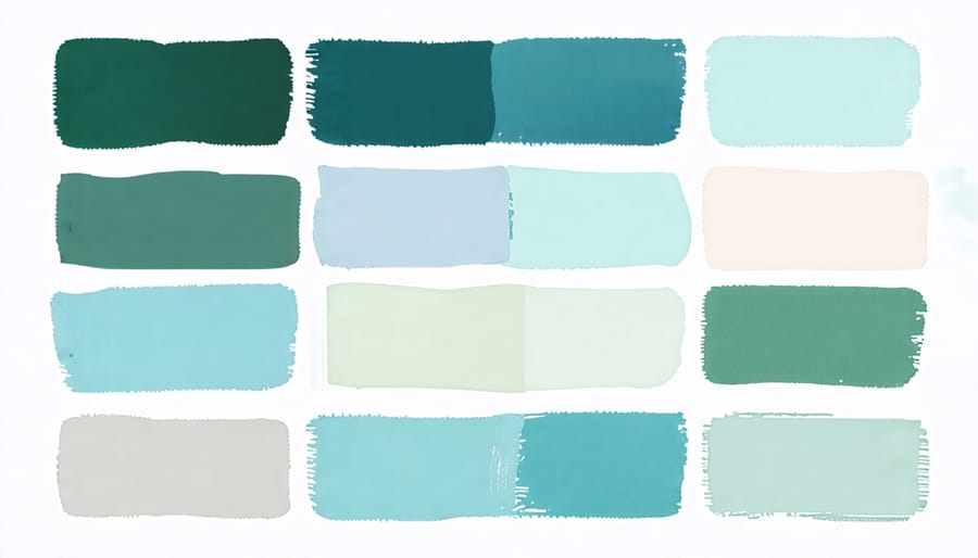 Color swatches in soft blues, greens, and neutrals for a calming home environment.