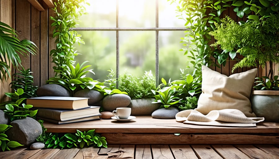 A stress-relief home nook with plants, stones, wood, books, and a cup of tea.