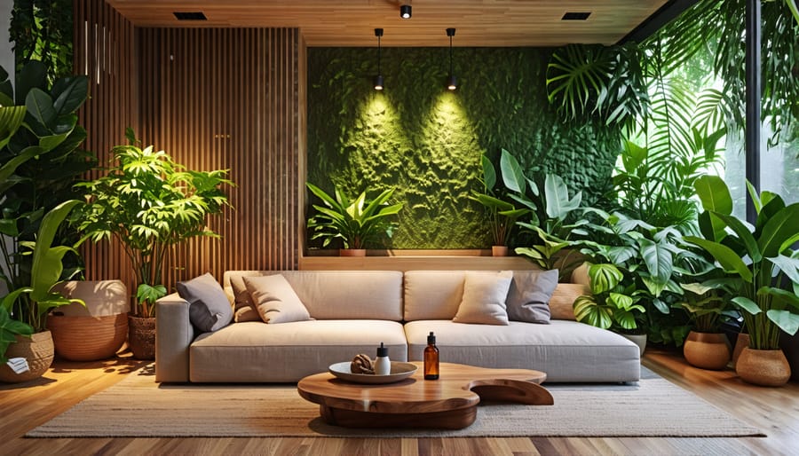 A tranquil living space featuring houseplants, wooden textures, soft lighting, and an essential oil diffuser, complemented by kratom, representing stress-relief and wellness.