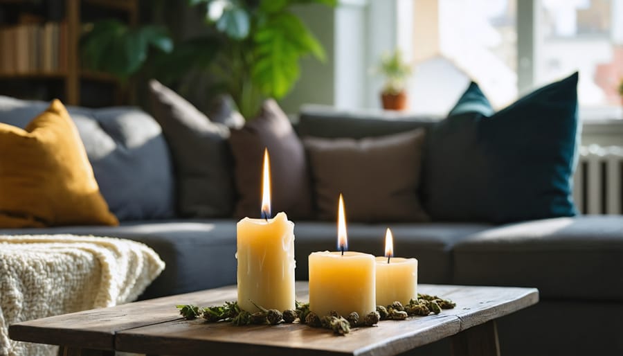 CBD-infused candles providing a relaxing ambiance in a living room