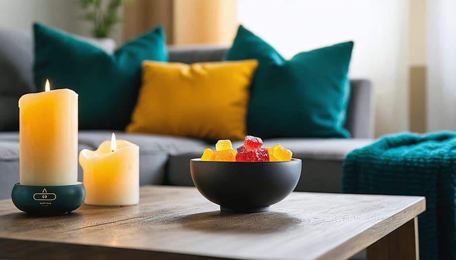 A cozy living room featuring CBD-infused candles, pillows, and a diffuser creating a warm, relaxing ambiance with a bowl of colorful CBD gummies on the coffee table.