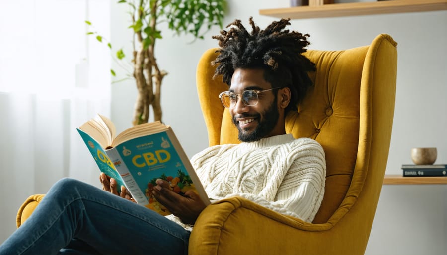 Relaxing with CBD gummies and a book in a tranquil home setting