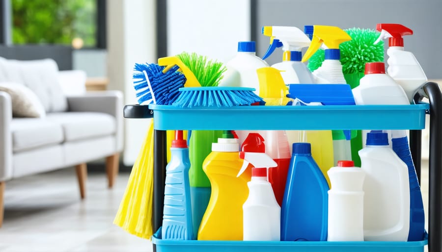 Organized commercial cleaning supplies cart with professional-grade products