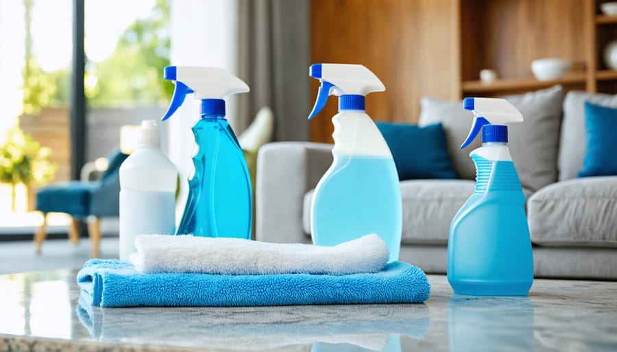 A beautifully staged living room featuring an assortment of professional-grade cleaning supplies, illustrating the impact of effective cleaning on property presentation.