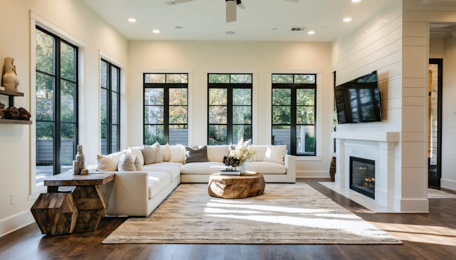 Bright, clean living room with white walls and neutral furniture ready for home showing