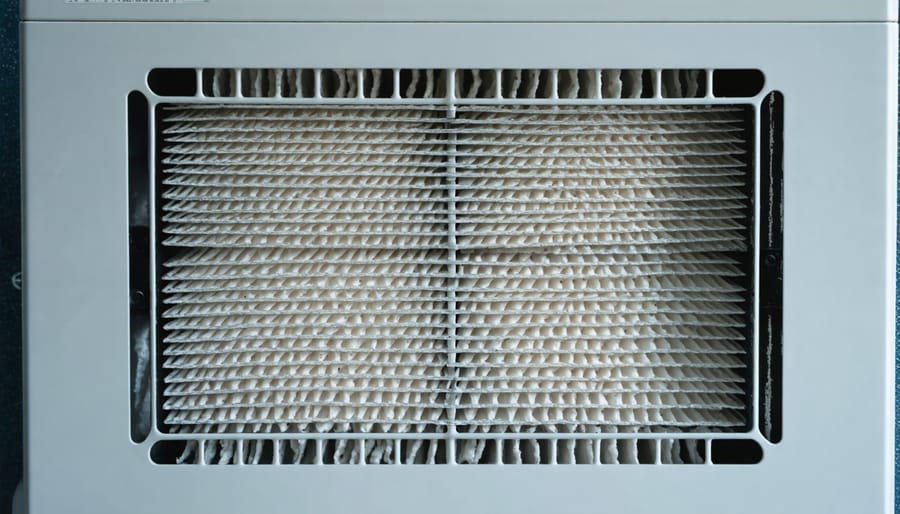 Hands removing air filter from ceiling HVAC vent for replacement