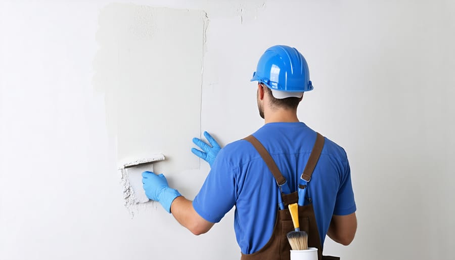 Paint roller applying white primer to interior wall for odor sealing