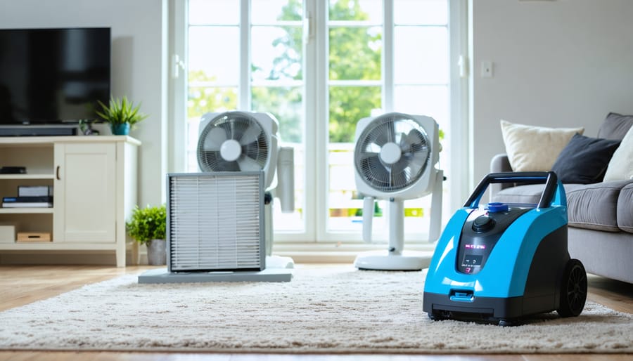 Open, sunlit living room with box fans venting through windows, a carpet steam cleaner on the rug, and a new HVAC filter by a return vent; tidy furnishings softly blurred in the background.