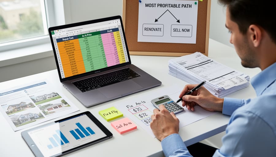 Person calculating home repair costs with contractor estimates and calculator on table