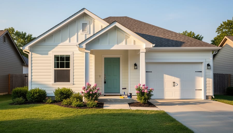 Painter applying fresh white paint to interior wall with roller