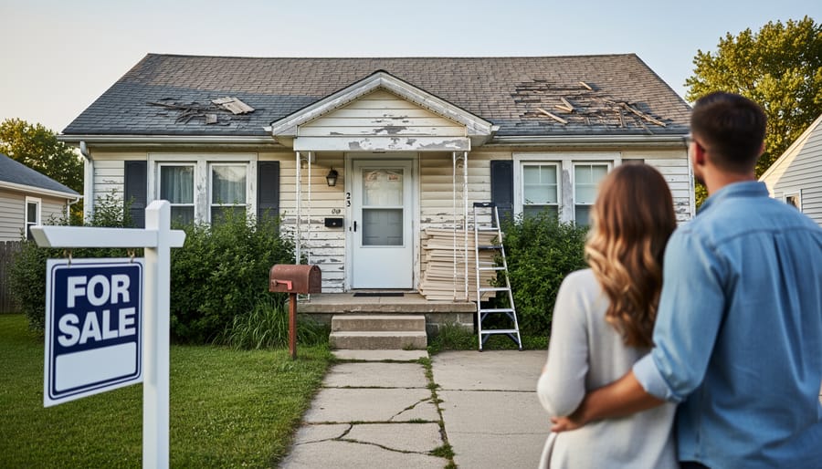 Suburban house exterior showing maintenance issues and overgrown landscaping