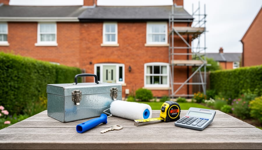 Close-up of toolbox, paint roller, tape measure, and calculator on a garden table, with a UK semi-detached brick house softly blurred in the background and light scaffolding on one side.