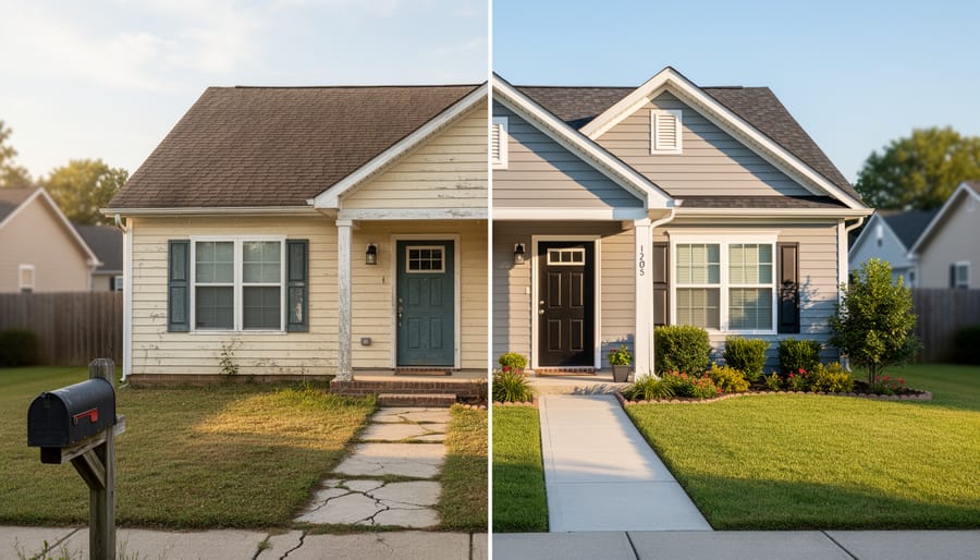 Real estate agent and homeowner shaking hands in front of sold house