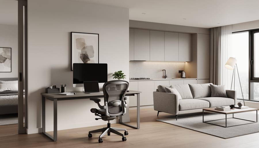 Contemporary apartment interior showing combined office workspace and living area with natural lighting