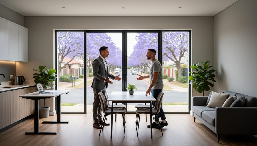 Modern live-work apartment in Bryanston with desk and small meeting table, a professional greeting a client near a glass entrance, natural daylight, kitchenette and sofa visible, jacaranda-lined suburb outside the windows.