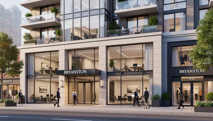 Modern apartment building exterior in Bryanston business district with professional entrance
