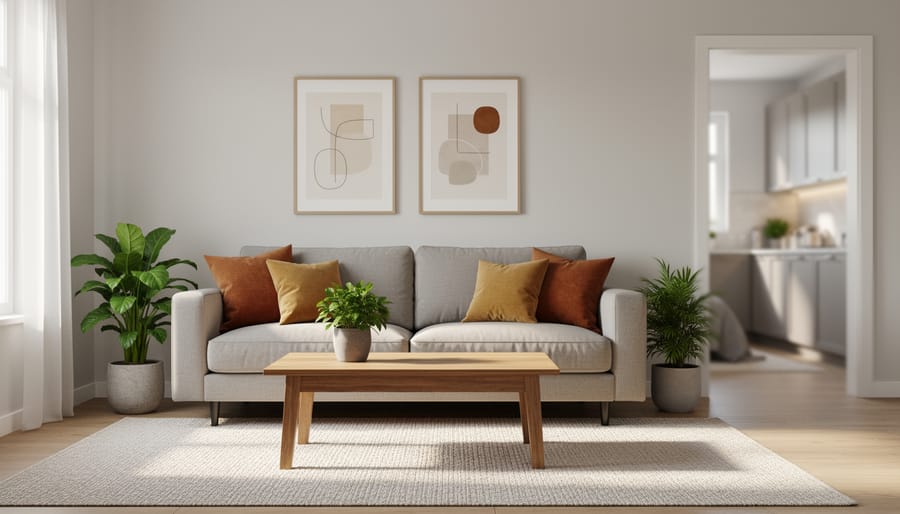 Budget-friendly staged living room with neutral sofa, wood coffee table, rug, and potted plant, sunlit from the left, with a tidy kitchen visible through an open doorway.