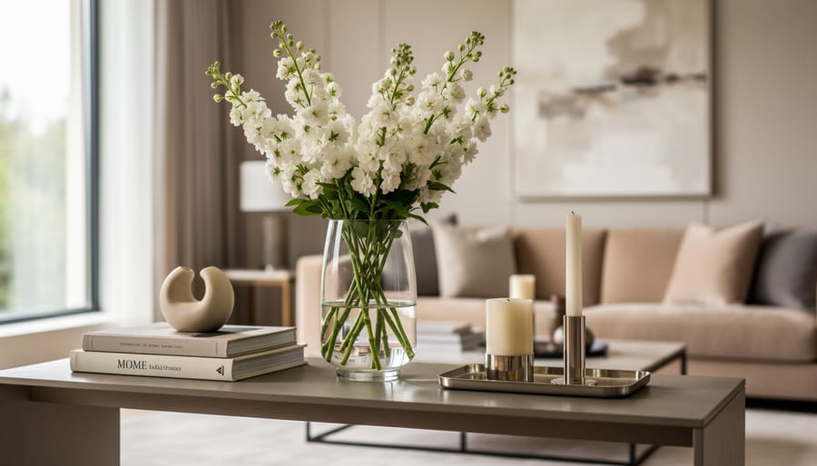 Hands placing fresh white flowers in vase on styled console table