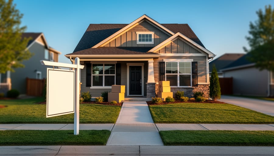 Suburban house at golden hour with a blank real estate sign in the front yard and sealed moving boxes by the porch, viewed straight-on from the curb.