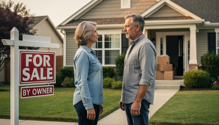 Suburban house with for sale sign in front yard