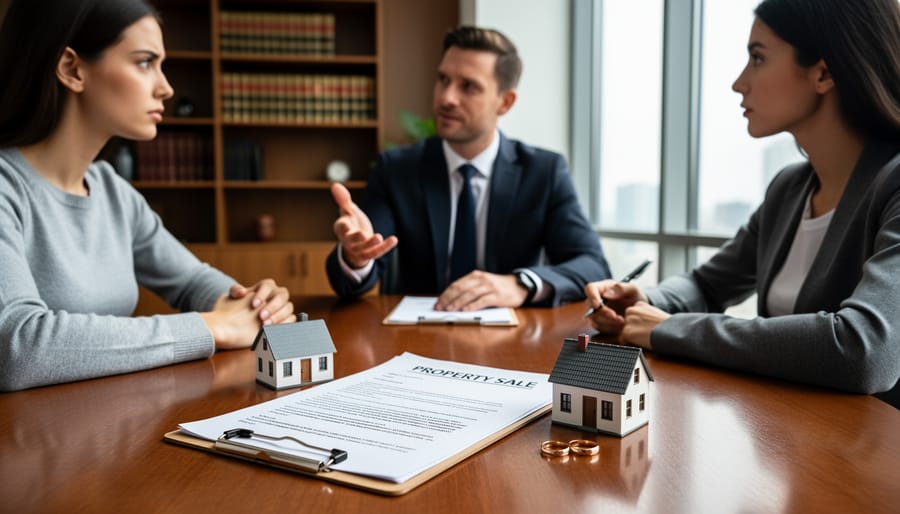 Hands signing legal documents with house keys and property papers on desk