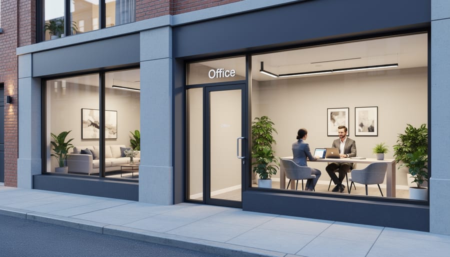 Professional working at laptop in modern home office with separate entrance visible