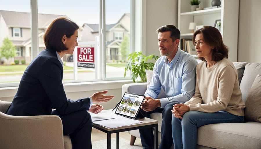 Real estate agent consulting with couple at conference table