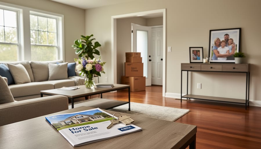 Bright staged living room interior prepared for home sale