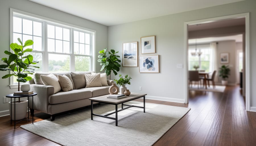 Well-staged modern living room with neutral furniture and natural lighting