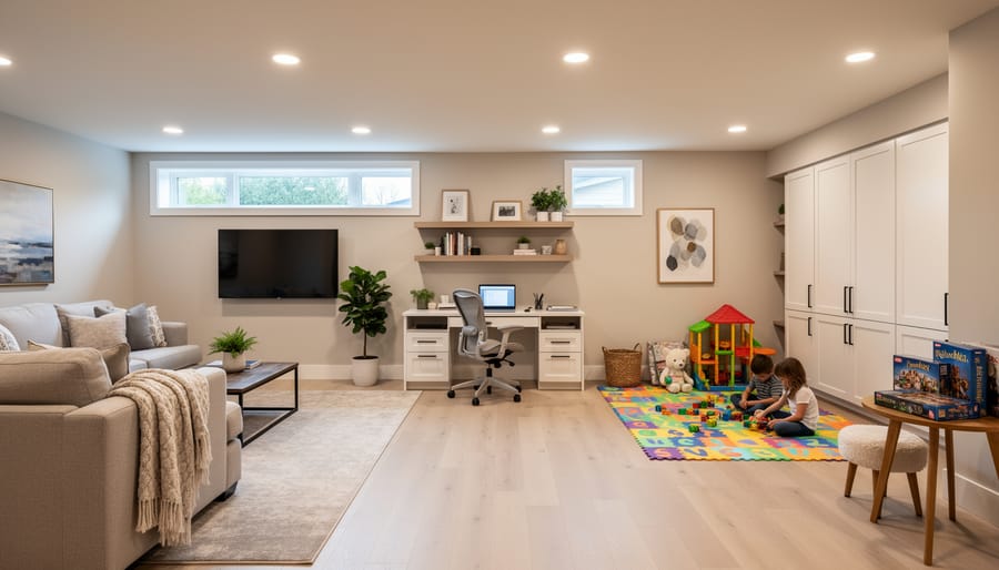 Family using finished basement as combined home office and children's play area