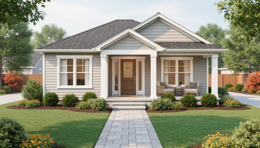 Well-maintained suburban home exterior with freshly groomed front yard landscaping, pathway, and inviting entryway in soft natural daylight