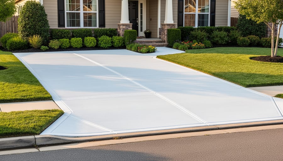Clean wet concrete driveway with sharp edging and maintained landscaping