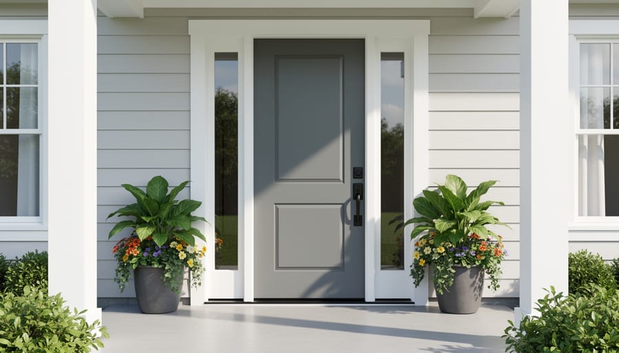 Front entry of a home with a clean door, modern hardware, and potted plants along a maintained walkway