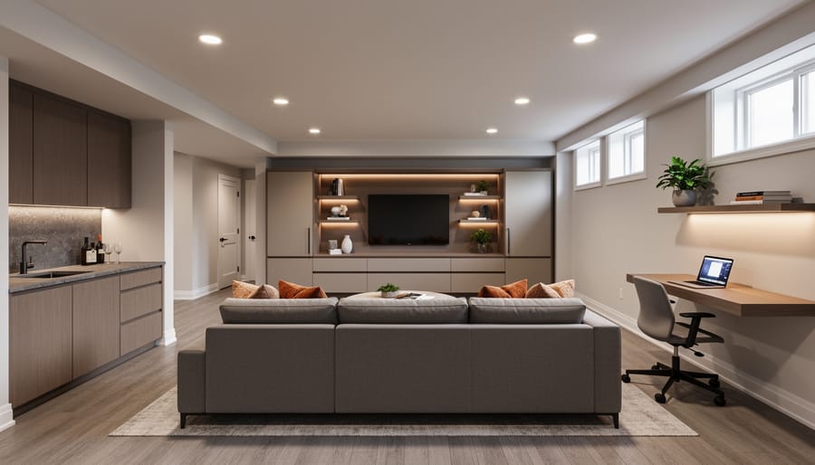 Eye-level photo of a modern finished basement in a Kitchener-Waterloo home featuring a gray sectional, built-in media wall, sleek wet bar, and small office nook, lit by window wells and recessed lights.