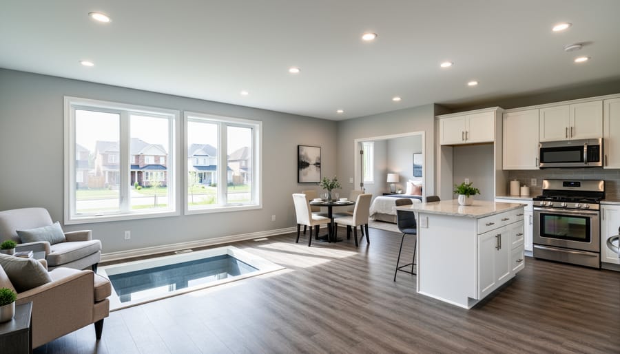 Basement bedroom with code-compliant egress window and modern finishes