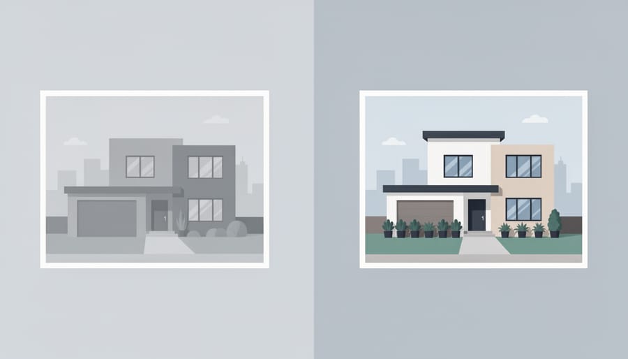 Over-the-shoulder view of a photographer capturing a staged home exterior for real estate photos