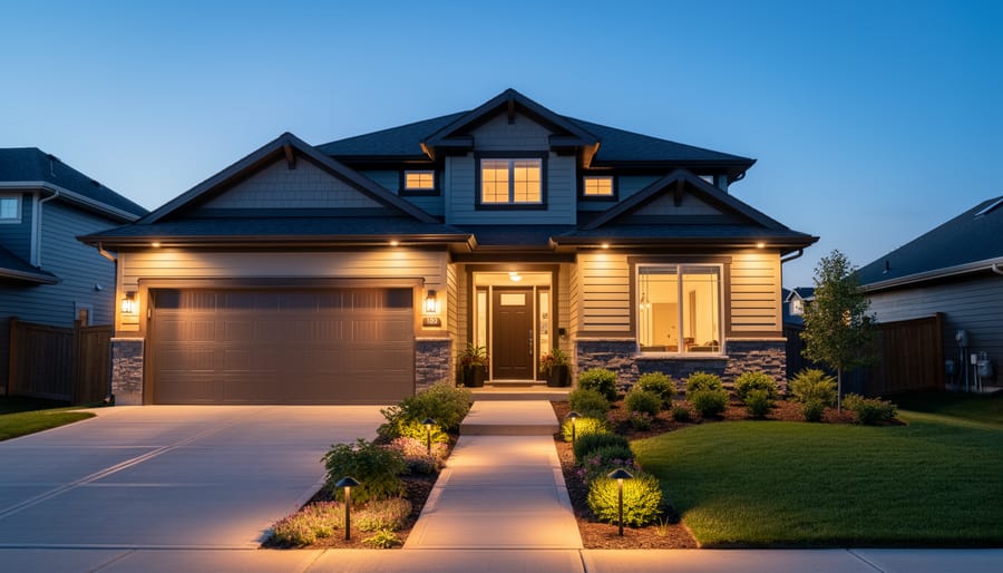 Warm exterior pathway and wall lights illuminating a home entrance at night