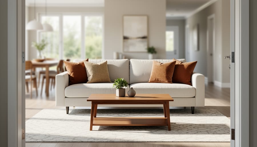 A bright staged living room with neutral furniture and warm lighting, styled to look clean, spacious, and ready for sale.