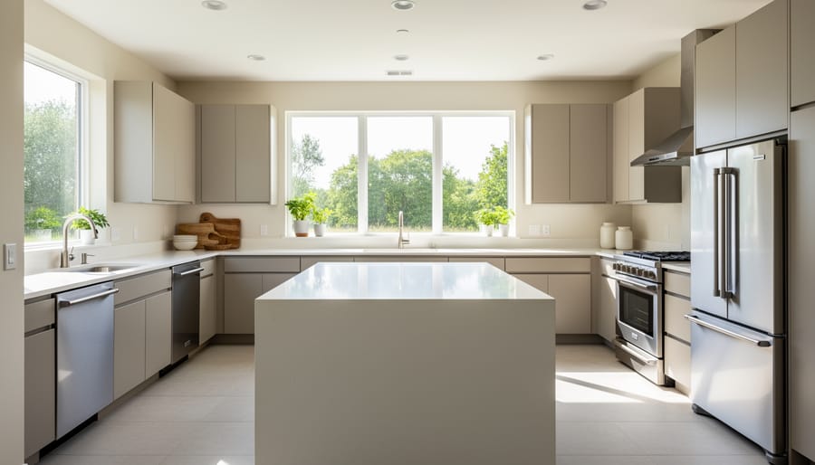Kitchen staged with cleared countertops, clean sink area, and minimal neutral decor.