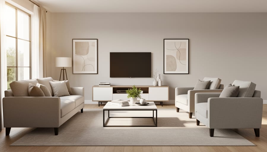Staged living room showing a decluttered conversation area with neutral decor and clean furniture arrangement.