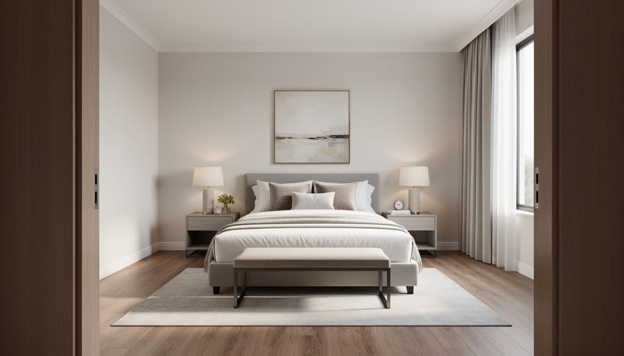 Staged master bedroom with neutral bedding, lit bedside lamp, and uncluttered surfaces.