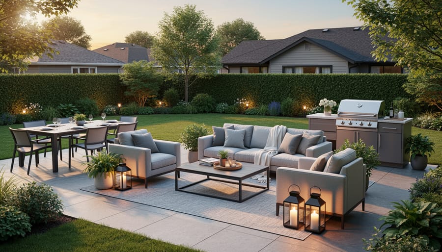 Staged outdoor patio with coordinated seating, outdoor dining setup, and potted plants in golden hour light.