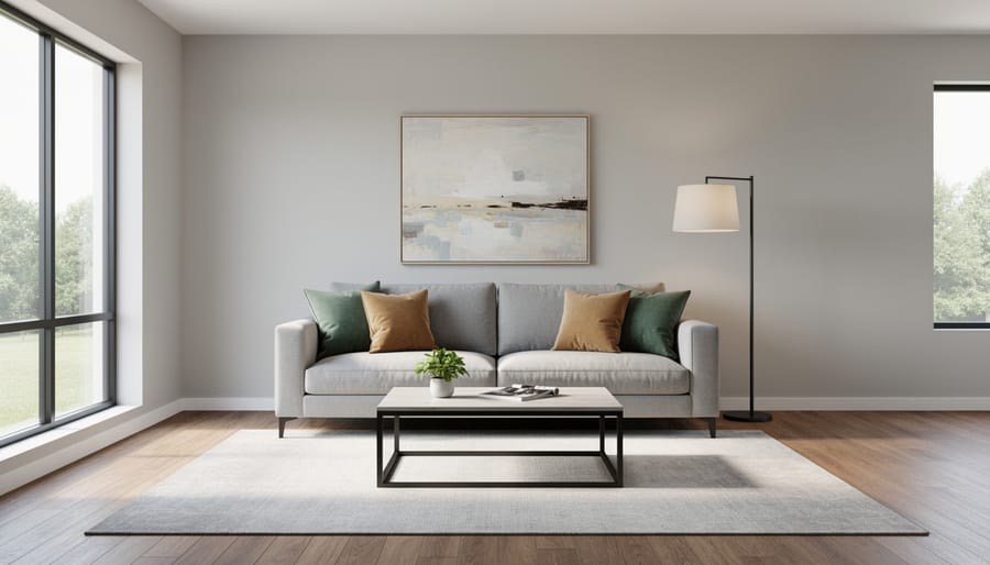 Person styling a console table with neutral decor accents and a fresh bouquet