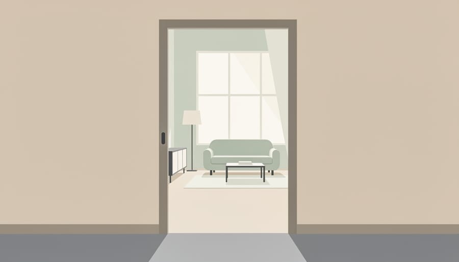 Doorway view into a staged master bedroom with crisp bedding and a glowing bedside lamp