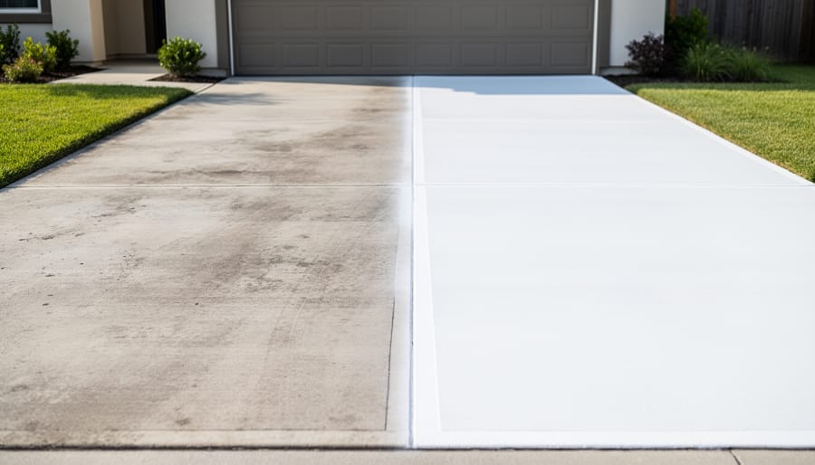 Freshly cleaned concrete driveway with visible texture and a parked car in the background