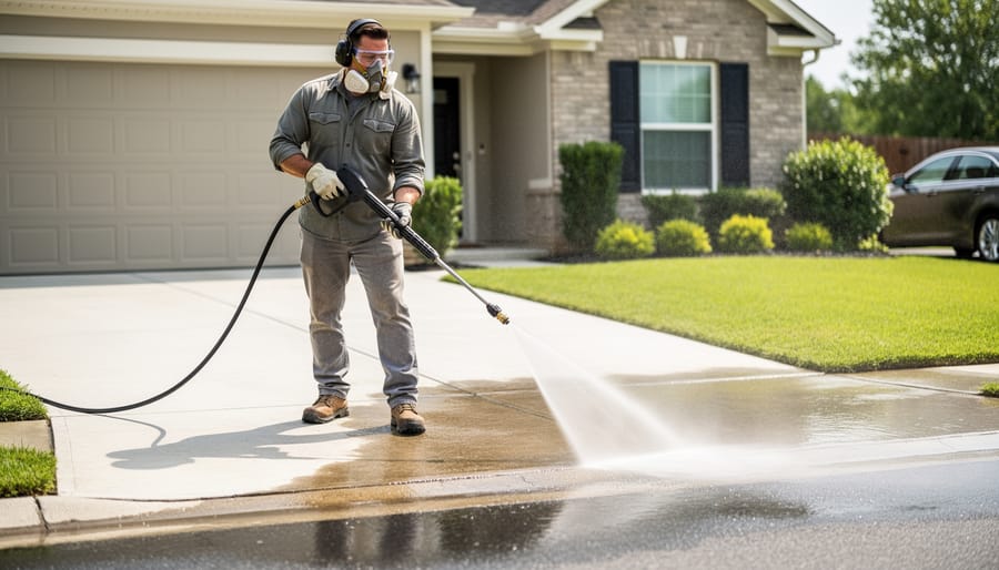 Person wearing safety glasses and gloves operating a pressure washer on a concrete driveway outdoors