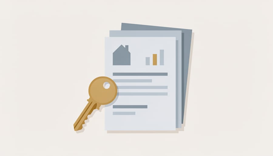 Macro close-up of a brass key on property documents and a deed envelope.