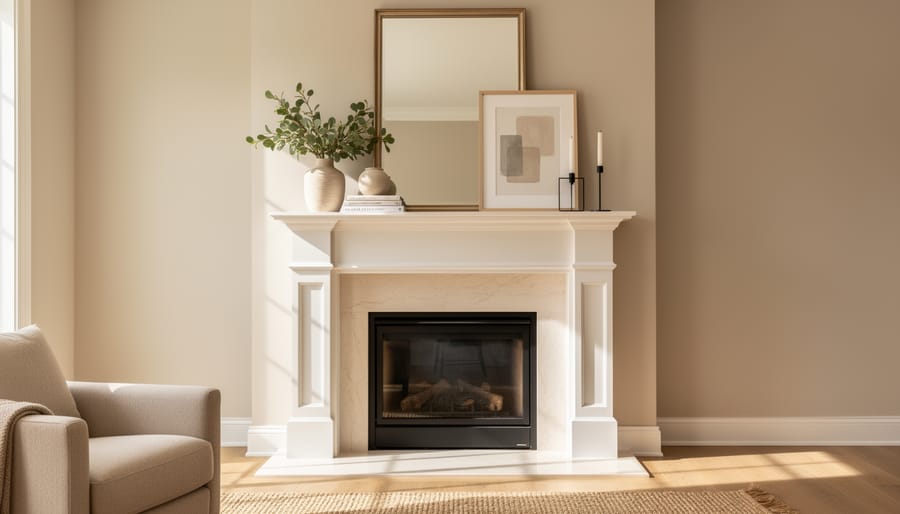 Styled fireplace mantel with mirror, candles, and evergreen décor above a working fireplace