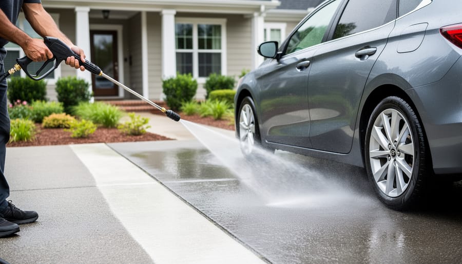 Pressure washer cleaning a gray driveway beside a parked car, illustrating safe nozzle control for both surfaces.
