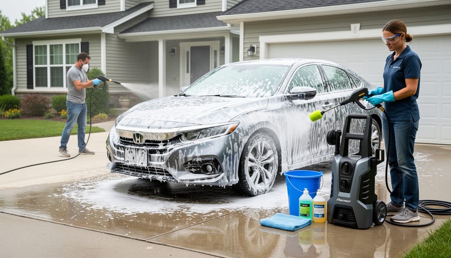 Pressure washer nozzle and car-washing accessories beside a vehicle on a driveway